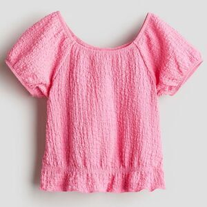 H&M Girls Puff-Sleeve Crinkle Textured Pink Shirt Top Blouse Size 8-10